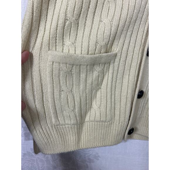 Vintage Cardigan Sweater Medium Cream Cable Knit Ribbed V Neck Patch Pockets - Picture 3 of 11